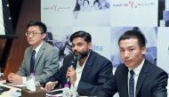 George Jia, Director, RAC Midea Middle East (left); Jayan Menon, General Manager, Planet Tec(centre); and Elvis Wang, General Manager Midea Middle East, during the press event held at Crowne Plaza Doha - The Business Park. Pic: Qassim Rahmatullah / The Pe