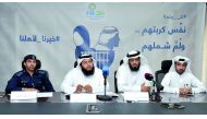 FROM LEFT: Lt Col Jabor Ali Al Buraidi, Dr Mohammad bin Rashid Al Marri, Sheikh Ahmed bin Mohammed Al Buainain, and Abdullah Halimi, at the press conference of the Sheikh Thani Bin Abdullah Foundation For Humanitarian Services (RAF), held at its headquart
