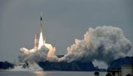 A H-IIA rocket, carrying a Michibiki 2 satellite, one of four satellites that will augment regional navigational systems, lifts off from the launching pad at Tanegashima Space Center on the southwestern island of Tanegashima, Japan, in this photo taken by