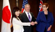 Japan's Defence Minister Tomomi Inada, U.S. Secretary of Defense James Mattis and Australia's Defence Minister Marise Payne pose before a trilateral meeting on the sidelines of the 16th IISS Shangri-La Dialogue in Singapore June 3, 2017. REUTERS/Edgar Su