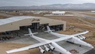 Paul Allen's Stratolaunch airplane emerges from its hangar in Mojave, Calif., on May 31. (Courtesy of Stratolaunch Systems Corp)
