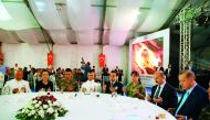 Turkish President Recep Tayyip Erdogan (right) and Turkish Minister of Interior, Suleyman Soylu (second right) attend an Iftar with Internal security units at the Police Special Operation Department's Headquarters in Golbasi district of Ankara, yesterday.