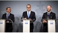 Finnish Minister of Finance National Coalition Party chairman Petteri Orpo (left), Finnish Prime Minister Centre Party chairman Juha Sipilä (centre) and minister Sampo Terho from the New Alternative, attend a press conferance at the PM's official residenc