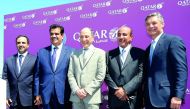 Minister of Transport and Communications H E Jassim bin Saif Al Sulaiti (second right) and Qatar Airways Group Chief Executive Akbar Al Baker (centre) with other officials on the first day of Paris Air Show yesterday.