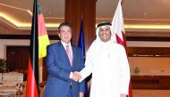 Foreign Minister H E Sheikh Mohammed bin Abdulrahman Al Thani with his German counterpart  Sigmar Gabriel, in Doha, yesterday.