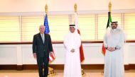 Foreign Minister H E Sheikh Mohammed bin Abdulrahman Al Thani with US Secretary of State Rex Tillerson, and Minister of State for Cabinet Affairs and Acting Information Minister of Kuwait, Sheikh Mohammed Al Abdullah Al Mubarak Al Sabah.