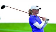 Stacy Lewis of the US reacts after teeing off on the 11th hole during the third round of the US Women’s Open golf tournament at Trump National Golf Club-New Jersey on Saturday.
