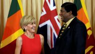 Australian Minister for Foreign Affairs Julie Bishop shares a moment with her Sri Lankan counterpart Ravi Karunanayake during their bilateral meeting in Colombo, Sri Lanka July 19, 2017. Reuters/Dinuka Liyanawatte