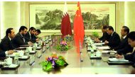 Qatar’s Foreign Minister H E Sheikh Mohammed bin Abdulrahman Al Thani meeting with his Chinese counterpart, Wang Yi, in Beijing, yesterday.
