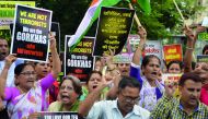 Gorkhaland Movement supporters chanting slogans during the 38th day of an indefinite strike in Darjeeling. 