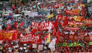Protesters display anti-government placards and streamers as they march towards the Philippine Congress ahead of President Rodrigo Duterte's State of the Nation address in Quezon city, Metro Manila Philippines July 24, 2017. (REUTERS/Erik De Castro)