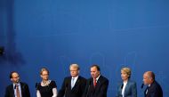 (L-R) Sweden's Infrastructure Minister Thomas Eneroth, Migration Minister Helene Fritzon, Defence Minister Peter Hultqvist, Prime Minister Stefan Lofven, Social Security Minister Annika Strandhall, and Minister for Home Affairs and Justice Morgan Johansso