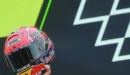 Repsol Honda Team’s Spanish rider Marc Marquez celebrates on the podium after the Czech Grand Prix in Brno yesterday.