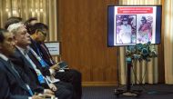 Pictures of victims of violence in the state of Rakhine are displayed on a screen during a news conference held by National security Advisor U Thaung Tun at National reconciliation and peace center office in Yangon, Myanmar August 29, 2017. Reuters