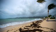 A picture taken on September 5, 2017 shows a view of the Baie Nettle beach in Marigot, with the wind blowing ahead of the arrival of Hurricane Irma. / AFP.