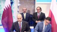 Minister of Transport and Communications H E Jassim Saif Ahmed Al Sulaiti and Poland’s Minister of Marine Economy and Inland Waterways Marek Gróbarczyk, witness the signing of an agreement.