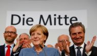 Christian Democratic Union (CDU) party leader and German Chancellor Angela Merkel reacts on first exit polls in the German general election (Bundestagswahl) in Berlin, Germany, September 24, 2017. Reuters/Kai Pfaffenbach
