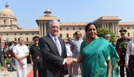 US Defence Secretary Jim Mattis (L) shakes hands with Indian Defence Minister Nirmala Sitharaman at the Indian Ministry of Defence prior to a meeting in New Delhi on September 26, 2017. AFP / PRAKASH SINGH