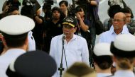 President Rodrigo Duterte speaks before members of the Australian Navy during a tour on board the the Royal Australian Navy (RAN) vessel, Her Majesty's Australian Ship (HMAS) Adelaide III upon arrival for a goodwill visit as part of the Australian Defence