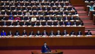 China’s President Xi Jinping giving a speech at the opening session of the Chinese Communist Party’s five-yearly Congress at the Great Hall of the People in Beijing, yesterday.