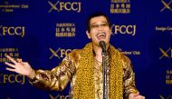 (FILES) This file photo taken on October 28, 2016 shows Japanese comedian Pikotaro performing during a press conference at the Foreign Correspondents' Club of Japan in Tokyo. AFP / Kazuhiro NOGI
