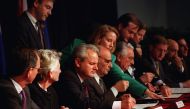 President Slobodan Milosevic of the Federal Republic of Yugoslavia, President Alija Izetbegovic of the Republic of Bosnia and Herzegovina, and President Franjo Tudjman of the Republic of Croatia initial the Dayton Peace Accords. The Balkan Proximity Peace
