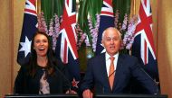Australia's Prime Minister Malcolm Turnbull reacts with New Zealand Prime Minister Jacinda Ardern during a media conference in Sydney, Australia, November 5, 2017. REUTERS/David Gray