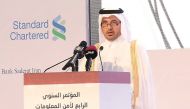 Prime Minister and Interior Minister H E Sheikh Abdullah bin Nasser bin Khalifa Al Thani speaking at 4th Conference of Information Security in the Financial Institutions organised by Qatar Central Bank, at Sheraton Doha Hotel, yesterday.