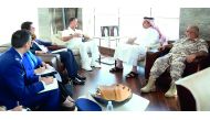 Minister of State for Defence Affairs H E Dr Khalid bin Mohamed Al Attiyah with Vice Adm. John Aquilino, commander of the US Naval Forces Central Command and the US Fifth Fleet, along with other officials.