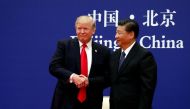 US President Donald Trump and China's President Xi Jinping meet business leaders at the Great Hall of the People in Beijing, China, November 9, 2017. REUTERS/Jonathan Ernst