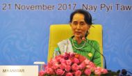 Myanmar's State Counselor Aung San Suu Kyi speaks during a news conference for the Asia Europe Foreign Ministers (ASEM) in Naypyidaw on November 21, 2017. / AFP / Aung HTET