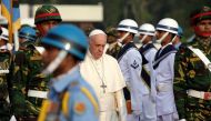 Pope Francis attends a welcome ceremony after arriving at the airport in Dhaka, Bangladesh November 30, 2017. REUTERS/Max Rossi
