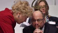Leader of the Social Democratic Party (SPD), Martin Schulz (R) talks to member of the Social Democratic Party Gesine Schwan during a party congress of Germany's Social Democrats in Berlin, on December 7, 2017. 