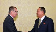North Korea's Foreign Minister Ri Yong-Ho meets with Jeffrey Feltman, UN undersecretary-general for political affairs, in Pyongyang, North Korea, in this photo released by North Korea's Korean Central News Agency (KCNA) December 7, 2016. KCNA via REUTERS