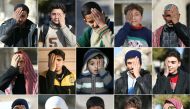 (COMBO) This combination of pictures created on December 19, 2017 shows Syrians covering one eye with their hands in the rebel-held town of Douma in Syria's besieged eastern Ghouta region, as part of a campaign in solidarity with a baby boy, Karim Abdalla