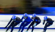 Emery Lehman and Brian Hansen lead a group of skaters in the Men's Mass Start event during the Long Track Speed Skating Olympic Trials at the Pettit National Ice Center on January 7, 2018 in Milwaukee, Wisconsin. Stacy Revere/Getty Images/AFP