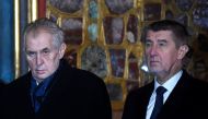 Czech Prime Minister Andrej Babis (R) and Czech President Milos Zeman (L) attend the ceremony presenting the Crown of Saint Wenceslas of Bohemia prior the opening of the 'Czech Jewels' exhibition on January 15, 2018, at the Prague Castle in the Czech capi