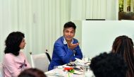 Famous Indian designers Vikram Phadnis (right) and Ankita Chaudhry speak to the media at Mondrian Doha yesterday. 
