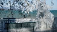 Ice is pictured on a barrier and a tree during a windy winter day near Lake Leman in Geneva, Switzerland, February 26, 2018. REUTERS/Denis Balibouse	