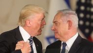 US President Donald Trump and Israel Prime Minister Benjamin Netanyahu shaking hands after delivering a speech at the Israel Museum in Jerusalem on May 23, 2017 (AFP / Gil Cohen-Magen) 