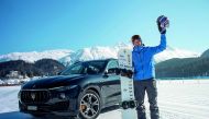 Britain’s fastest snowboarder Jamie Barrow gestures after breaking his own record in St Moritz.
