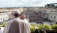 Pope Francis appears before delivering his Easter message in the Urbi et Orbi (to the City and the World) address from the balcony overlooking St. Peter's Square at the Vatican April 1, 2018. Osservatore Romano
