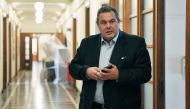 Greek Defence minister, Panos Kammenos, arrives for a cabinet meeting at the Greek parliament in Athens on April 3, 2018, focusing on economic and foreign policy issues.  AFP / Louisa Gouliamaki


