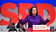 (FILES) This file photo taken on December 08, 2017 shows parliamentary group leader of the Social Democratic Party (SPD), Andrea Nahles addressing delegates during the congress of the SPD in Berlin. AFP / John MACDOUGALL
 