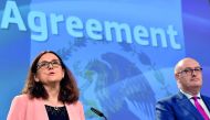 European Commissionner Cecilia Malmstrom and European Commissioner Phil Hogan hold a news conference on the EU-Mexico trade agreement, in Brussels, Belgium, April 23, 2018. Reuters/Eric Vidal    