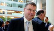 European Commission Vice President Valdis Dombrovskis leaves after IMFC plenary during the IMF/World Bank spring meeting in Washington, U.S., April 20, 2018. Reuters/Yuri Gripas