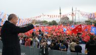 Turkish President Recep Tayyip Erdogan greets the crowd as he attends the 5th Ordinary Congress of ruling Justice and Development (AK) Party’s Women Branch at the Republic Square in Kayseri, Turkey on May 05, 2018.  Turkish Presidency / Murat Cetinmuhurda