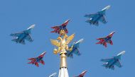 Russian army MiG-29 jet fighters of the Strizhi (Swifts) and Su-30 jet fighters of the Russkiye Vityazi (Russian Knights) aerobatic teams fly in formation during the Victory Day parade, marking the 73rd anniversary of the victory over Nazi Germany in Worl