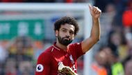 Liverpool's Mohamed Salah celebrates with the Golden Boot after the match against Brighton, Anfield May 13, 2018.  Action Images via Reuters/Carl Recine