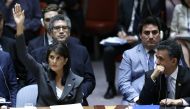United States Ambassador to the United Nations, Nikki Haley (L) votes during the Security Council meeting on the situation in the Middle East including the Question of Palestine at the United Nations Headquarters in New York, United States on June 01, 201